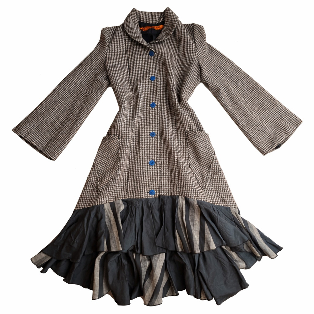Avante Garde Designer Houndstooth Asymmetric Ruffle Hem Coat Lagenlook Gothic